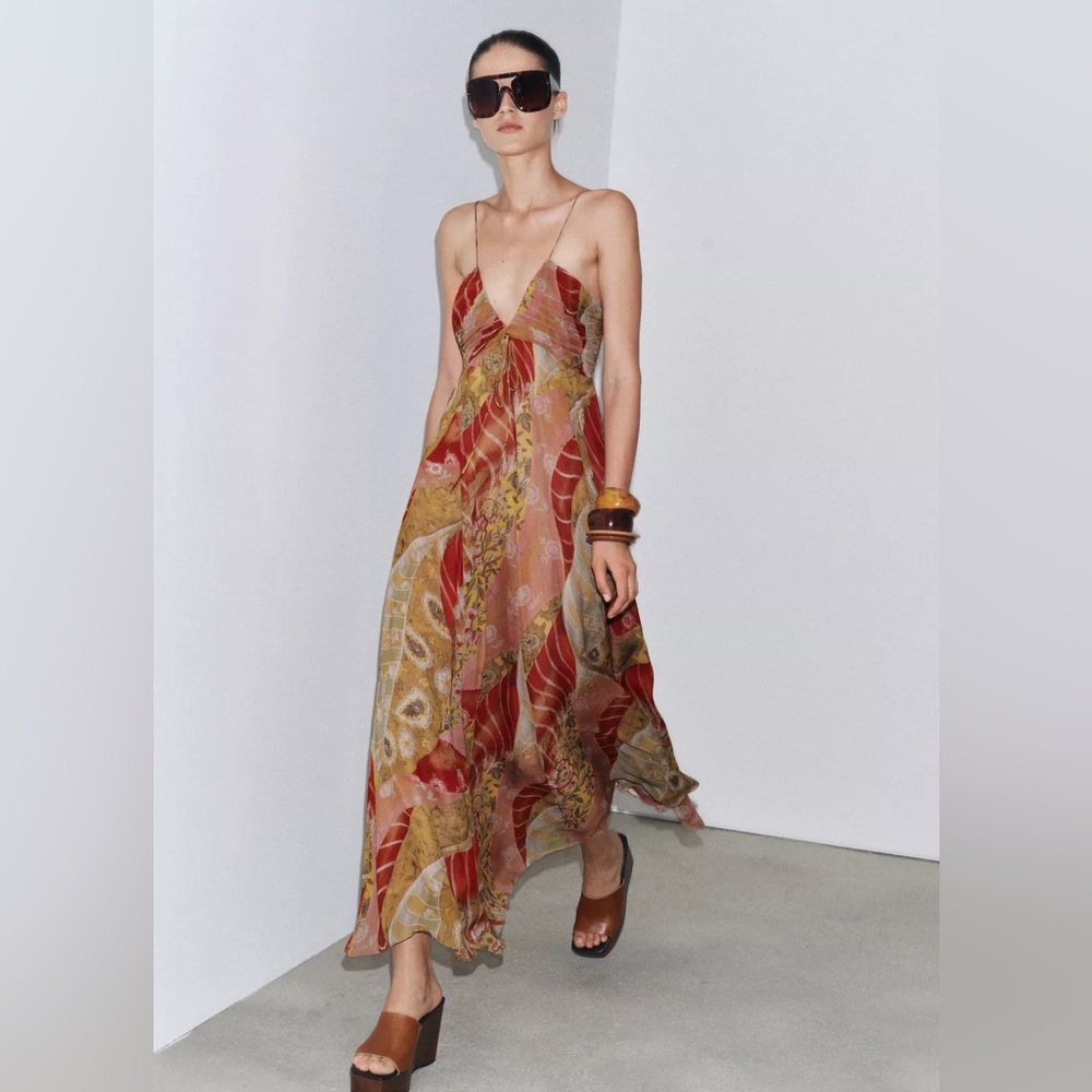 Zara Red, Gold and Olive Print Maxi Dress